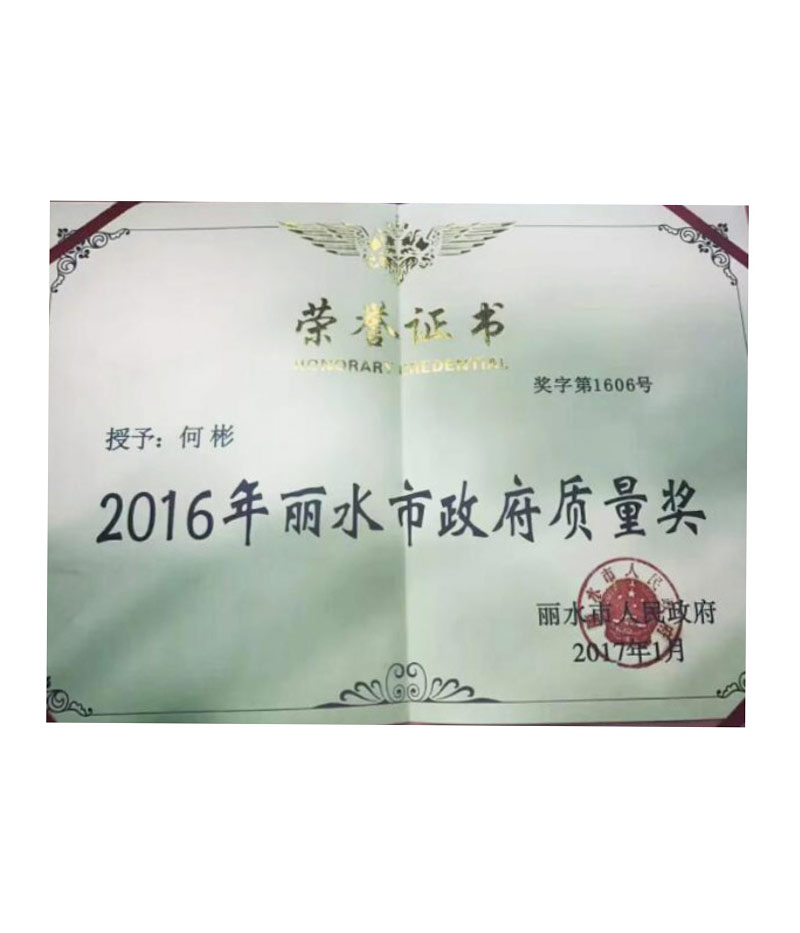 2016年麗水市政府質(zhì)量獎(jiǎng)